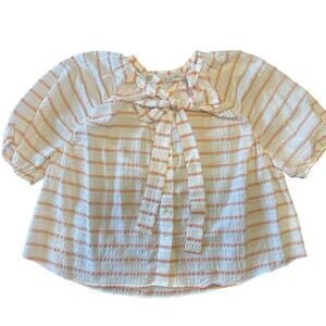 The Shirt by Rochelle Behrens Antionette Bow Blouse, Pink and White, Size Small